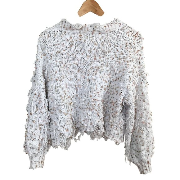 POL Distressed Popcorn Knit Fringe Sweater OSFM Cream Beige Boho Lagenlook Cozy - Picture 2 of 8
